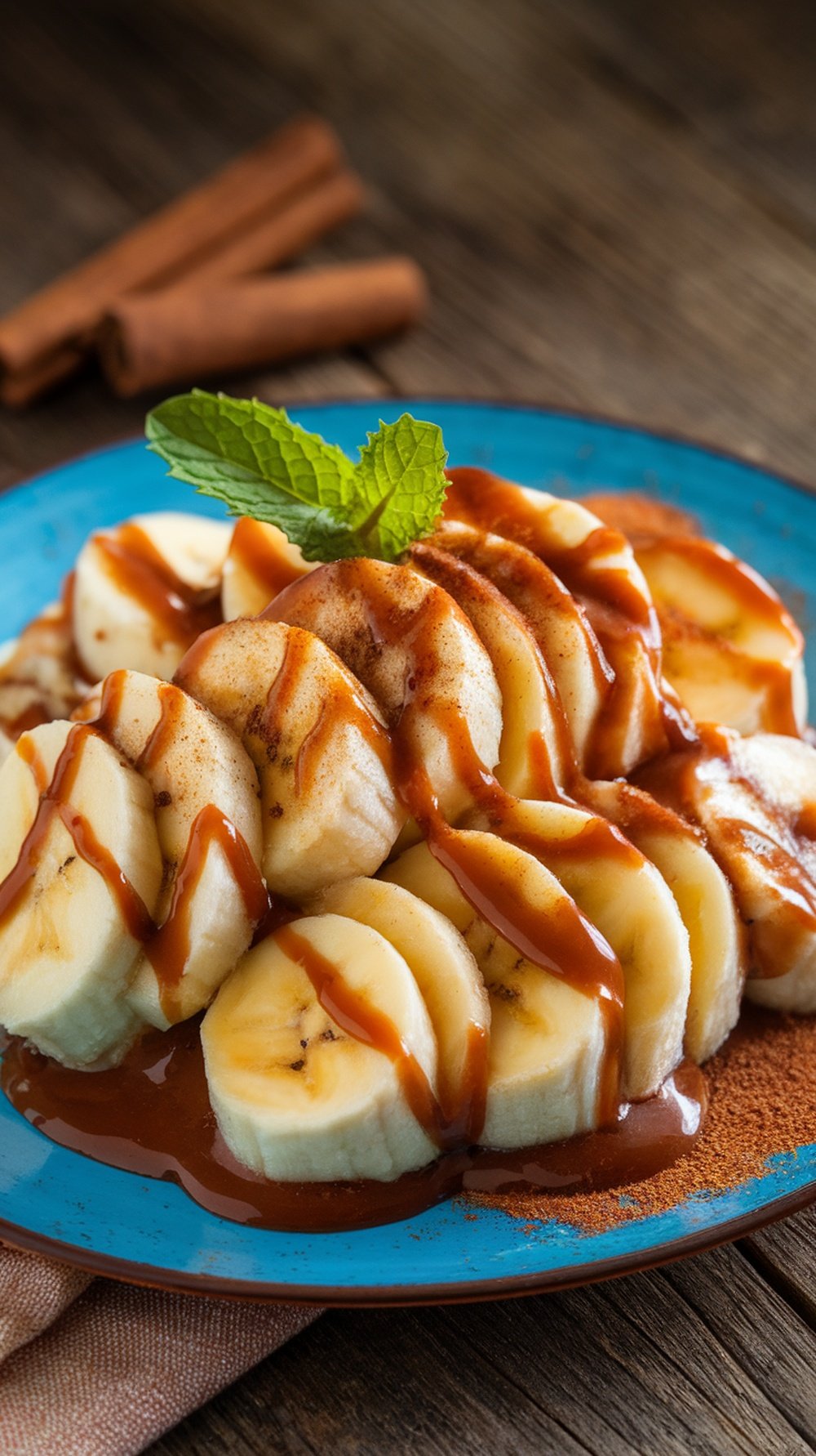 Sliced bananas drizzled with spiced rum butter sauce on a blue plate, garnished with mint and cinnamon sticks.
