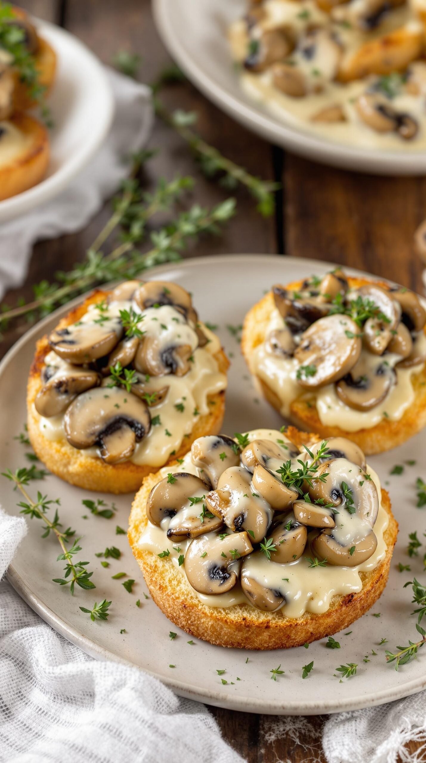 Crispy crostini topped with sautéed mushrooms in garlic thyme cream sauce.