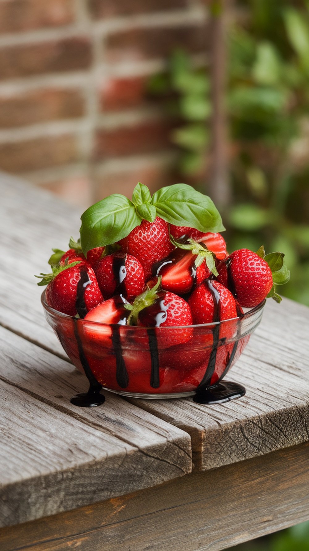 A bowl of fresh strawberries drizzled with basil balsamic sauce and topped with a basil leaf.