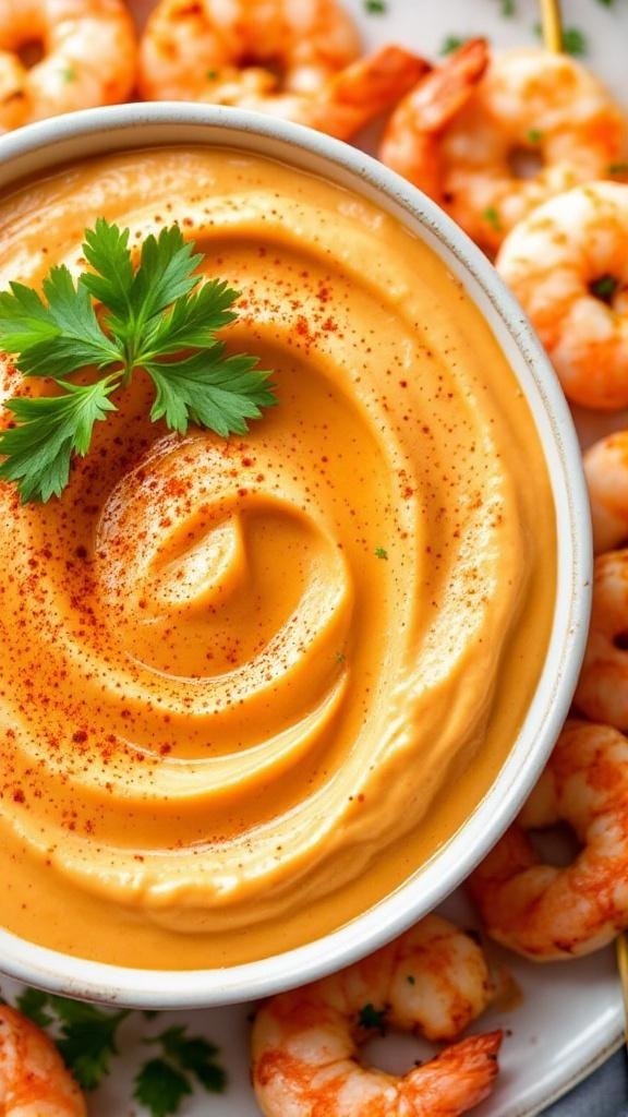 Smoked Paprika Aioli Recipe A bowl of smoked paprika aioli with parsley garnish next to grilled shrimp skewers.