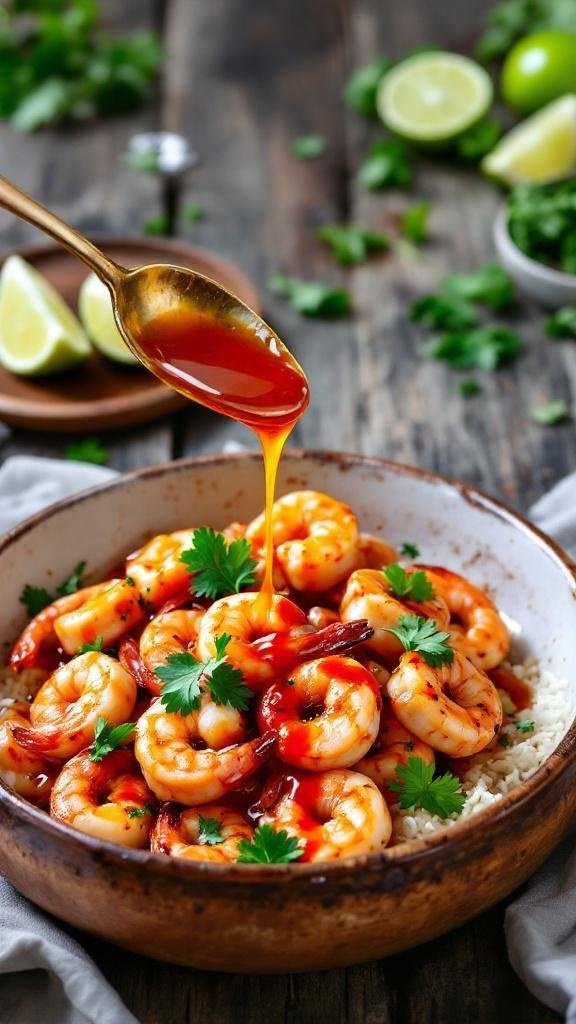 A bowl of grilled shrimp topped with honey Sriracha sauce and garnished with cilantro.