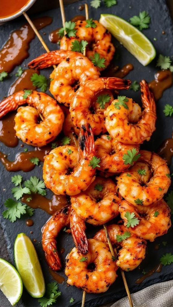Honey Sriracha Grilled Shrimp Recipe Grilled shrimp with honey sriracha glaze, garnished with cilantro and lime on a dark slate board.