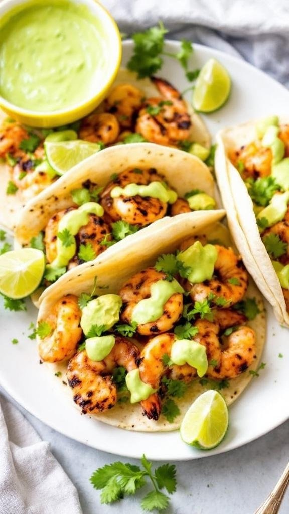 Grilled Shrimp Tacos with Avocado Crema Grilled shrimp tacos with avocado crema, cilantro, and lime wedges on a plate.