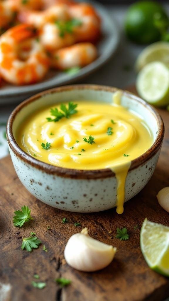 A bowl of creamy garlic lime butter sauce with fresh herbs and garlic cloves, accompanied by grilled shrimp and lime wedges.