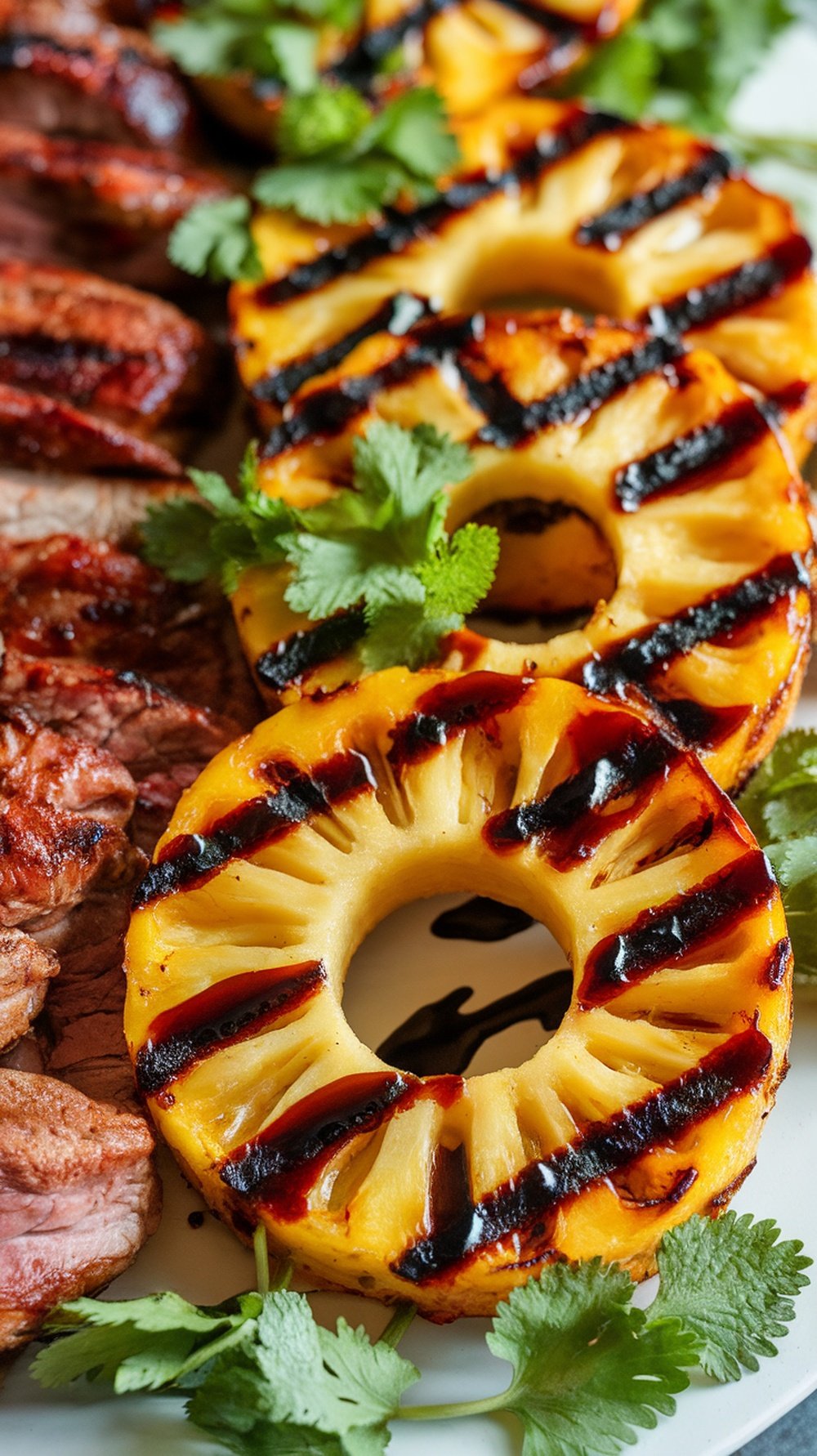 Grilled Pineapple Rings with Smoky BBQ Glaze Grilled pineapple rings with BBQ glaze, garnished with cilantro, on a plate with grilled meats.
