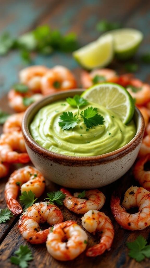 A bowl of avocado crema surrounded by grilled shrimp and garnished with lime and cilantro.