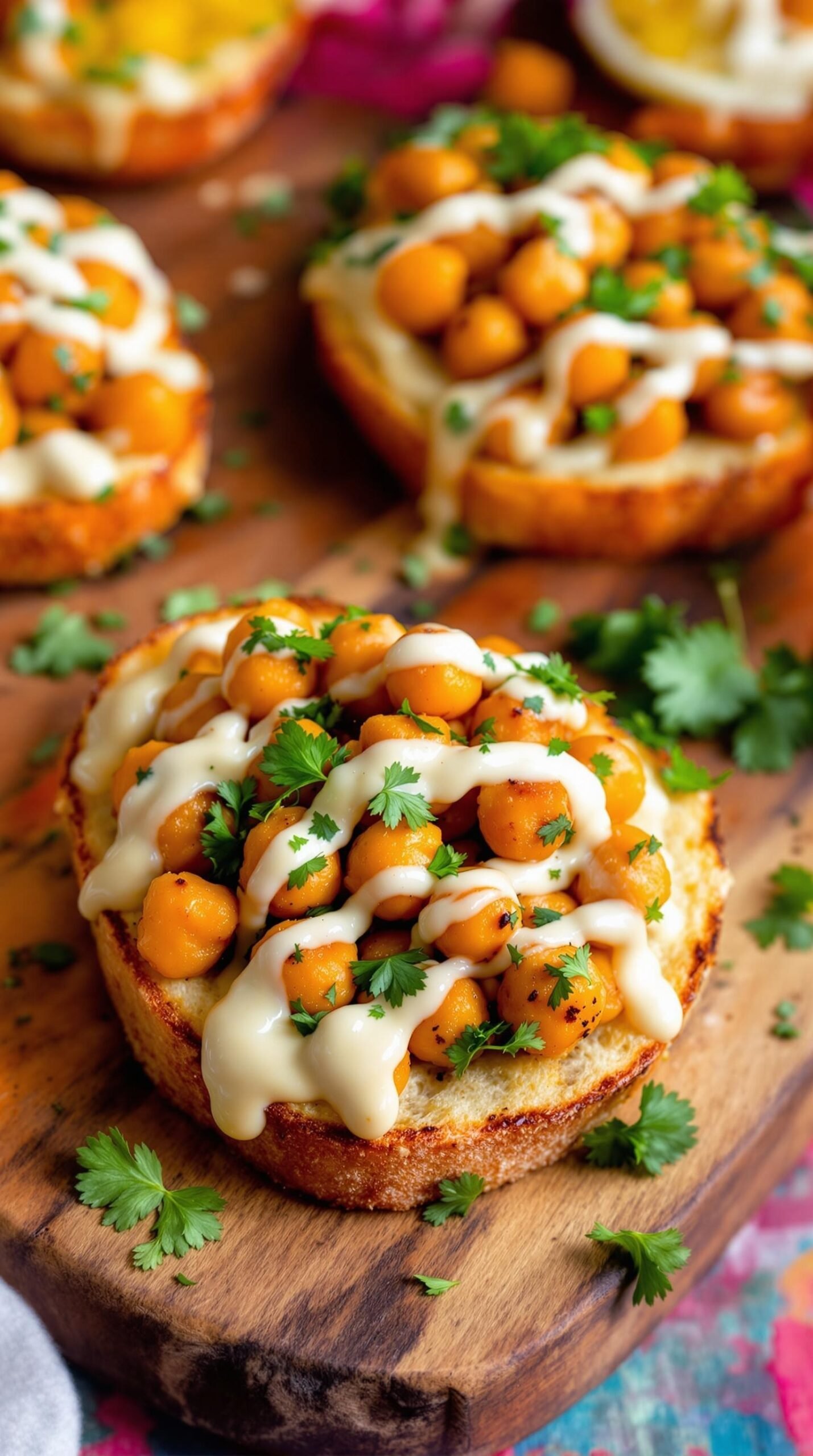 Crostini topped with crispy spiced chickpeas, lemon tahini, and fresh parsley.