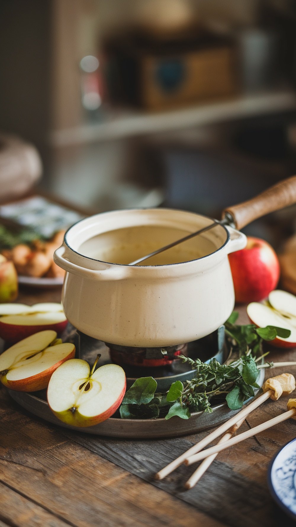 A pot of white cheddar fondue surrounded by sliced apples and fresh herbs on a wooden table.