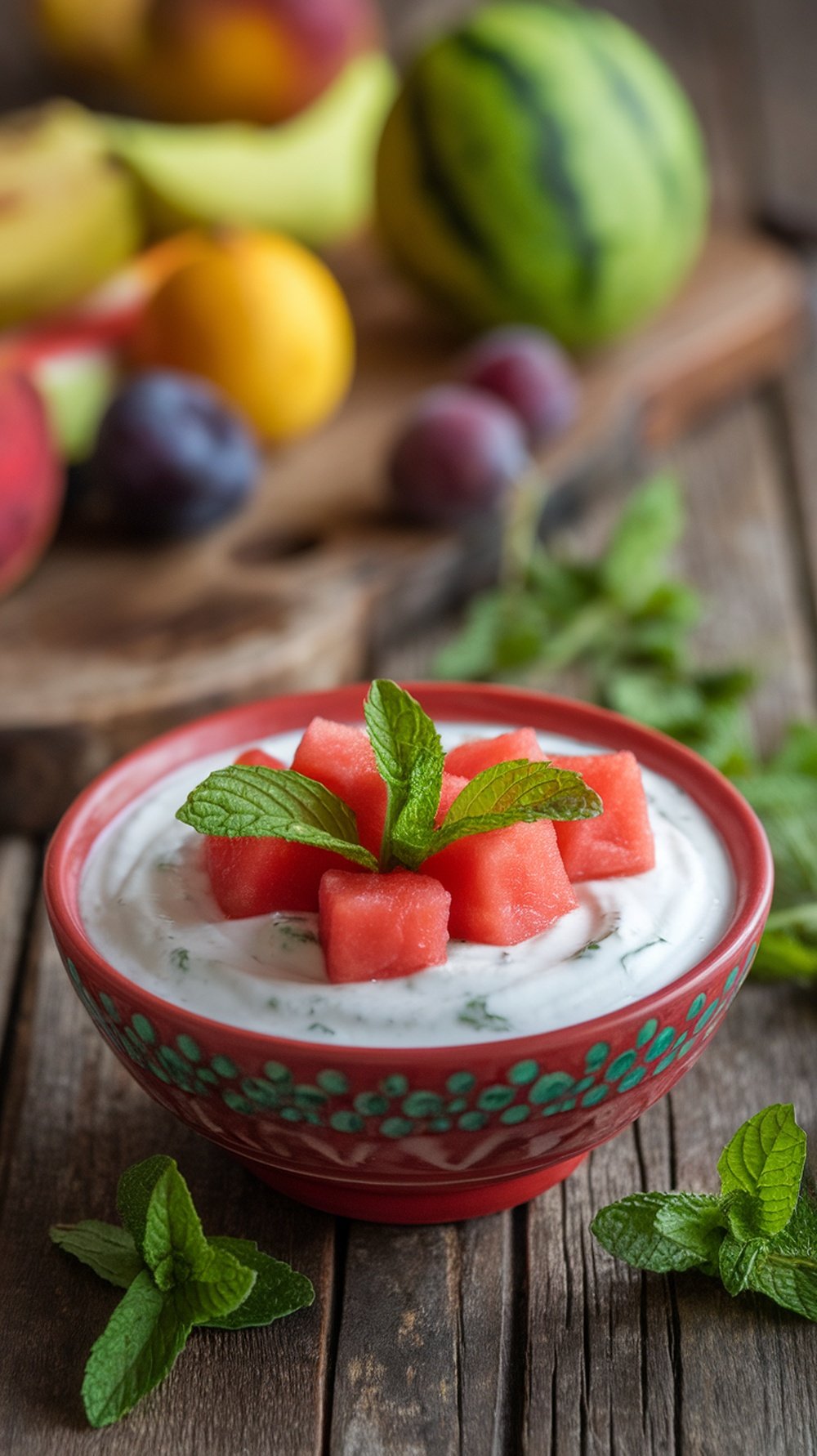 A bowl of watermelon and mint yogurt sauce topped with fresh watermelon cubes and mint leaves, surrounded by various fruits.