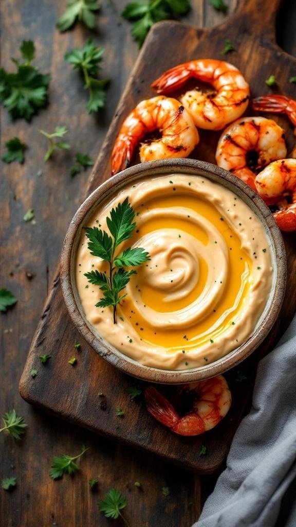 A bowl of smoked paprika aioli with grilled shrimp and fresh herbs on a wooden board.