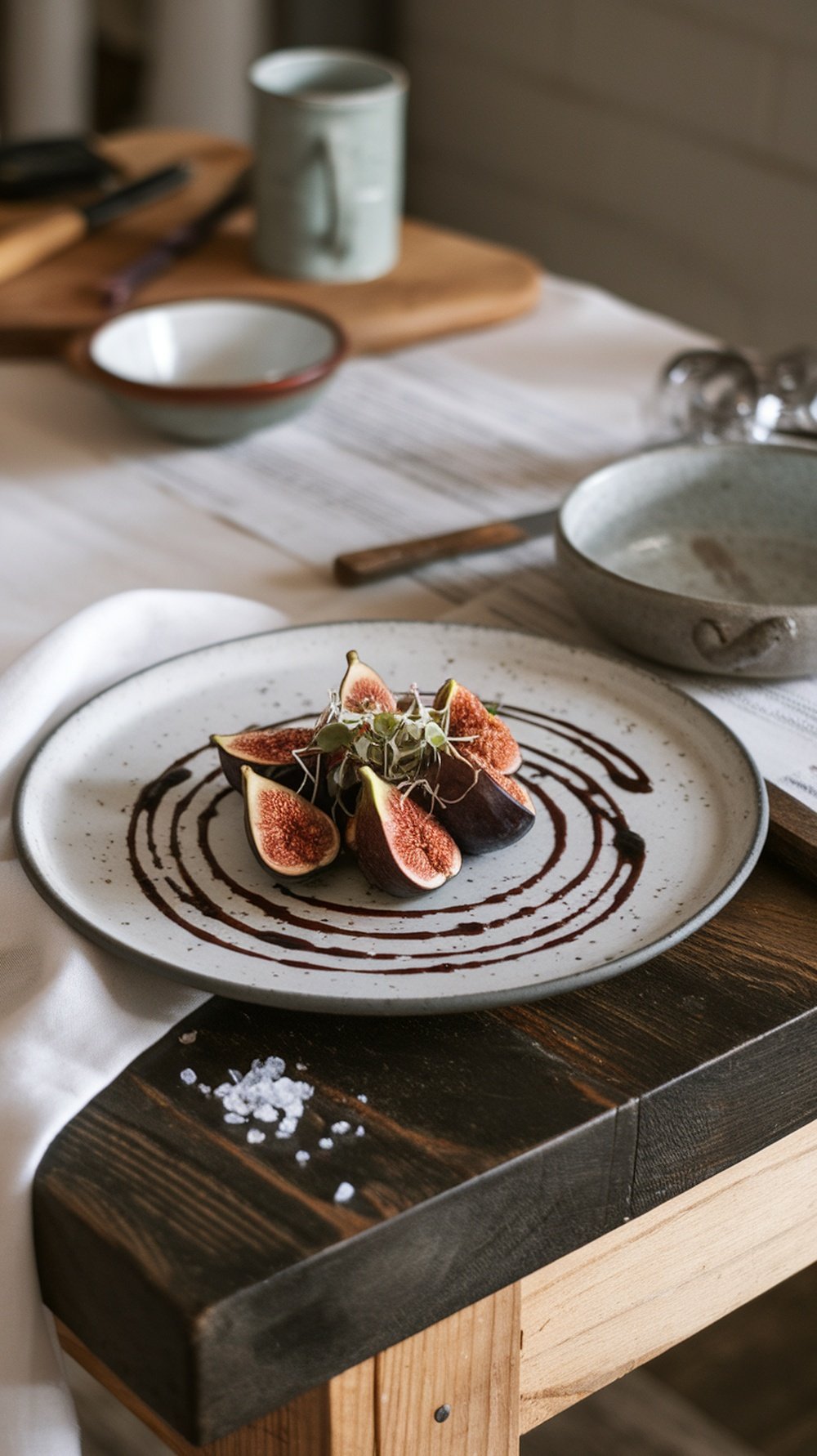 A plate of sliced figs drizzled with balsamic reduction, garnished with microgreens.