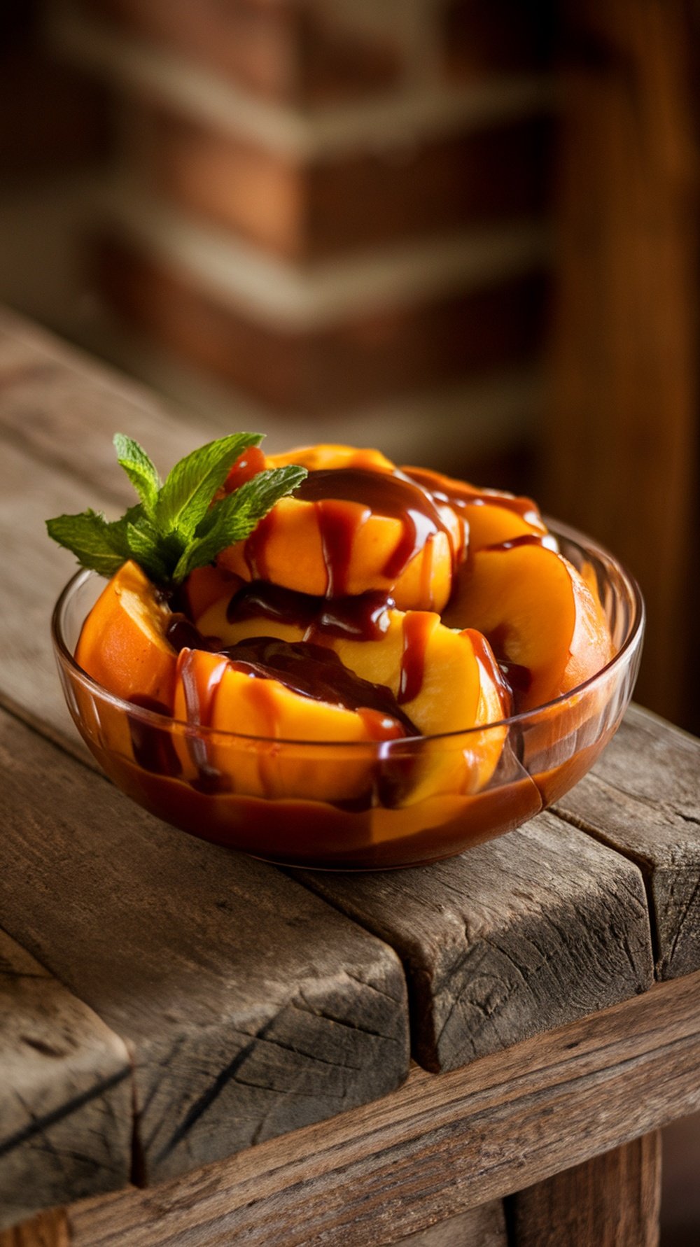 Bowl of sliced peaches drizzled with bourbon caramel sauce, garnished with mint.