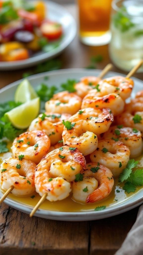Grilled shrimp skewers with garlic lime butter sauce, garnished with parsley and lime wedges on a wooden table.